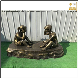鑄銅關公 小孩下棋人物景觀雕塑